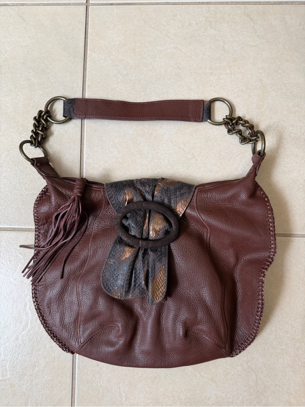 CHI Designed by Falchi Genuine Leather Snakeskin Brown Boho Hobo Shoulder Bag